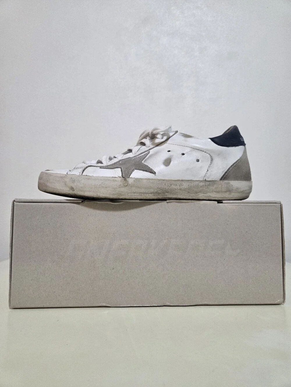 Golden Goose Super Star White Leather Sneakers with Gray Star and Navy Heel - Picture 2 of 10